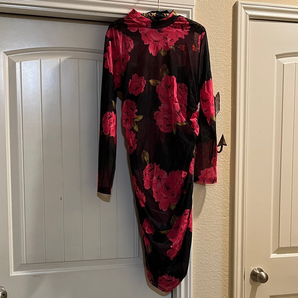SHEIN Black Dress with Pink Floral Design